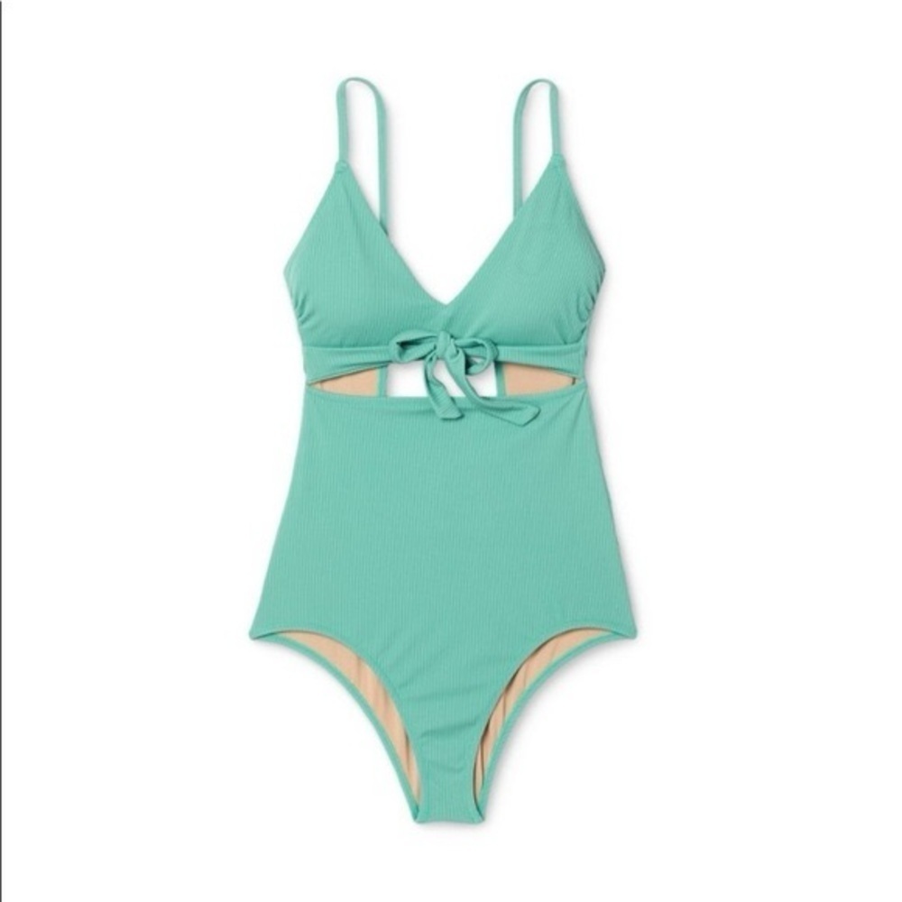 Ribbed Cut-Out Green Plunge Neckline Sash Tie Swimsuit Shade And Shore Sz Medium - Picture 6 of 10